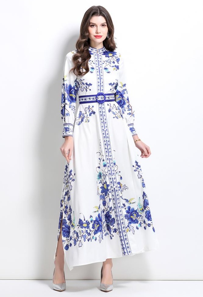 Blue and white porcelain long spring and summer dress