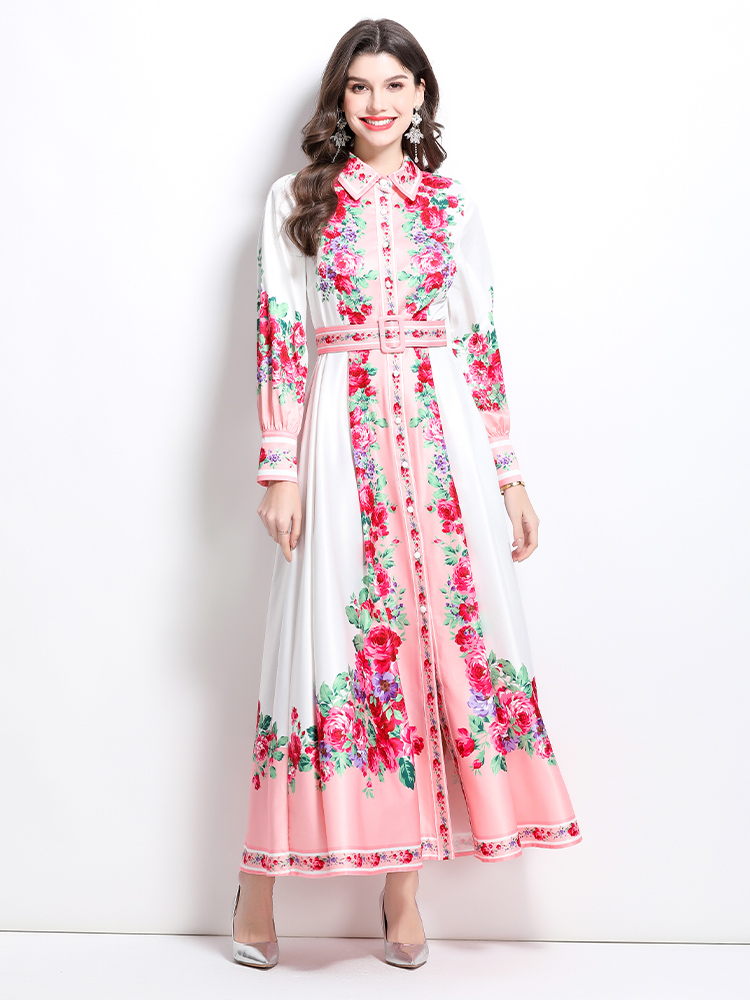 Long spring and summer lapel painting dress