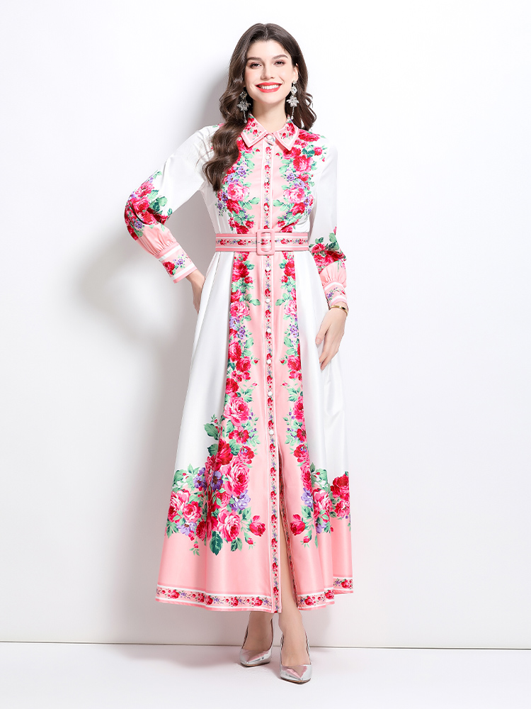 Long spring and summer lapel painting dress