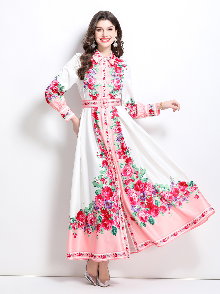 Long spring and summer lapel painting dress