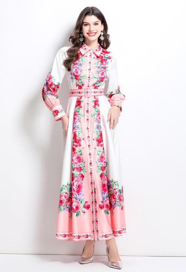 Long spring and summer lapel painting dress