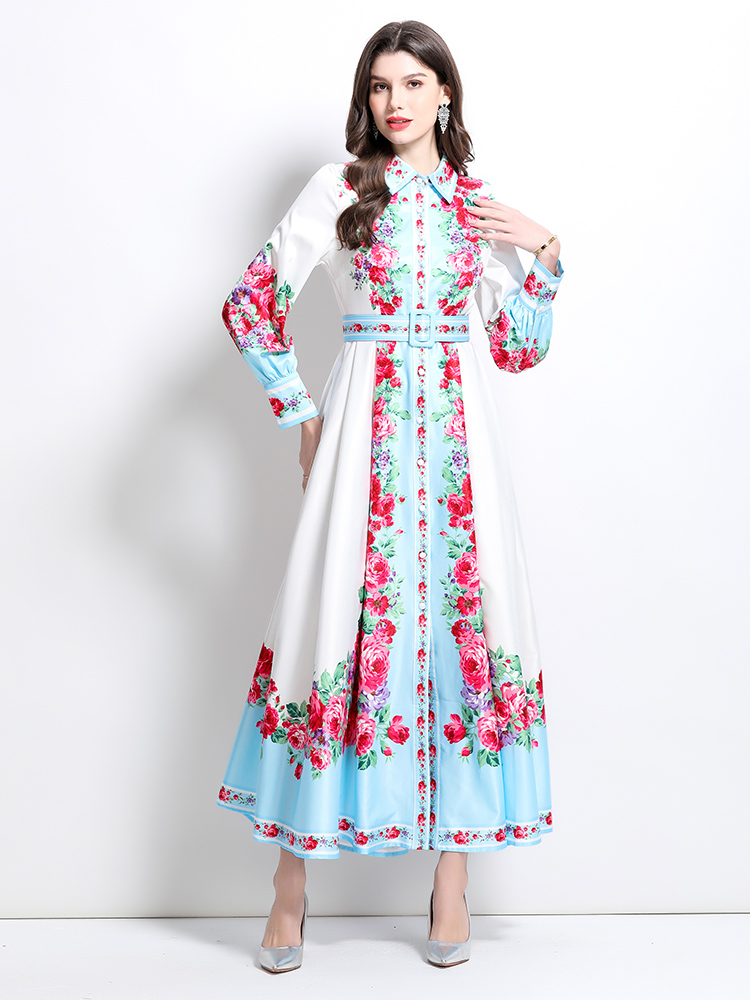 Long spring and summer painting lapel dress