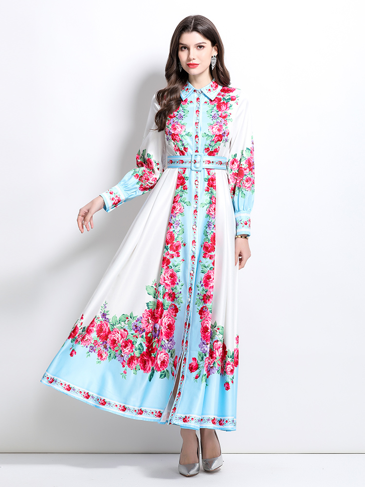 Long spring and summer painting lapel dress