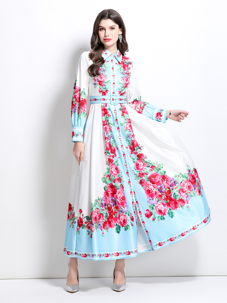 Long spring and summer painting lapel dress