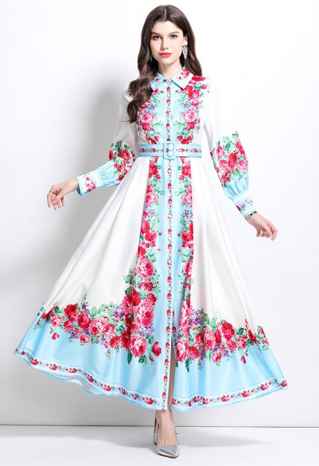 Long spring and summer painting lapel dress