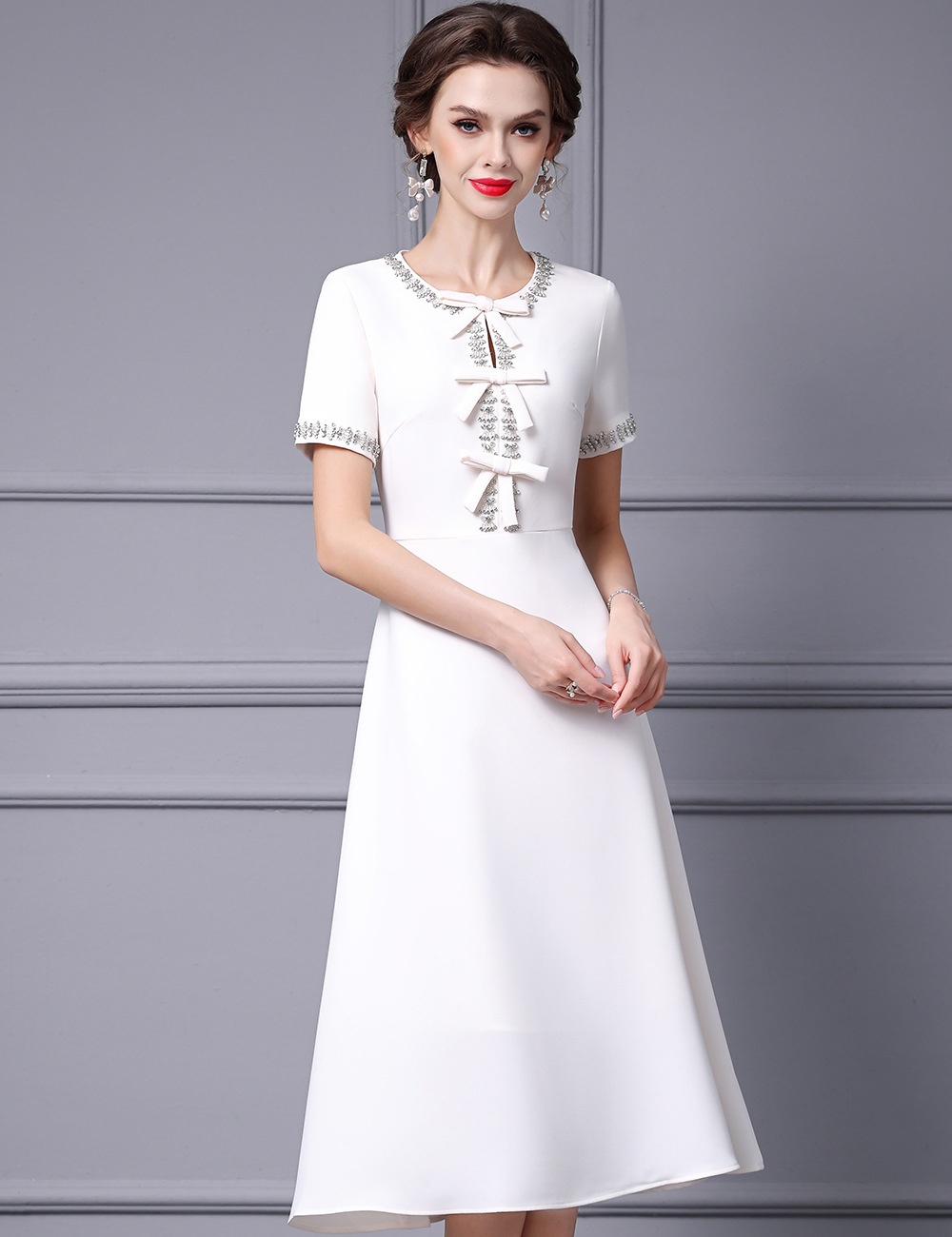 Bow christmas white rhinestone dress