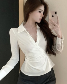 Pinched waist white shirt slim lace tops