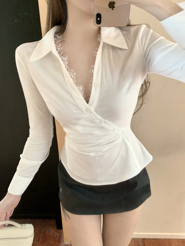 Pinched waist white shirt slim lace tops