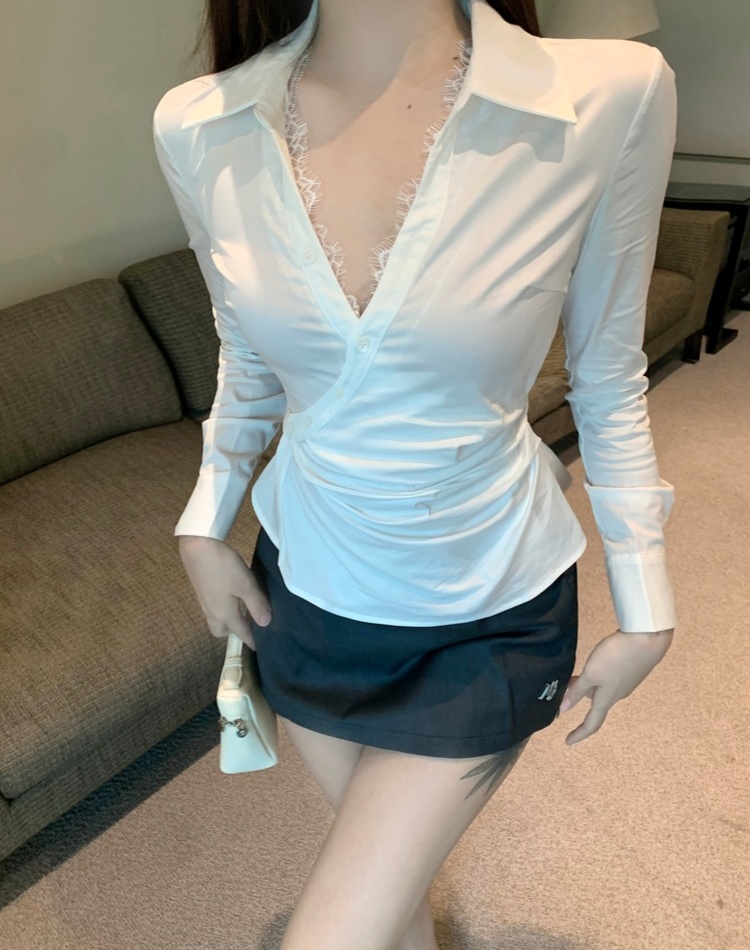 Pinched waist white shirt slim lace tops