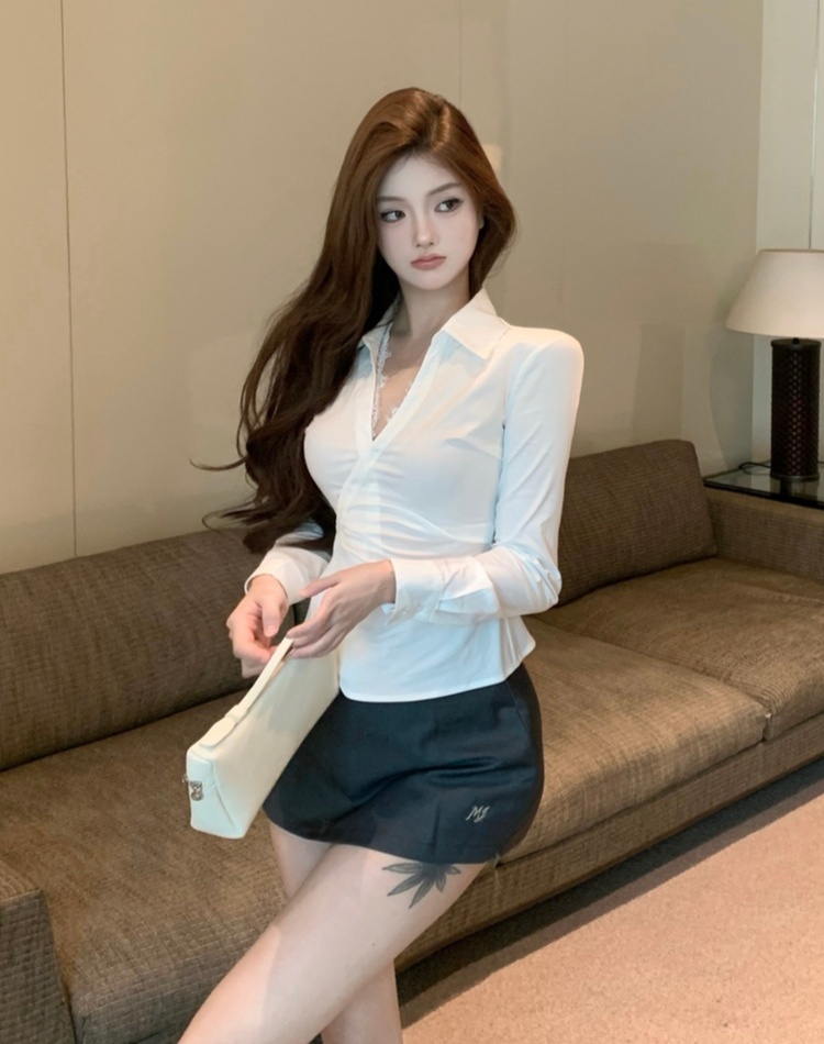 Pinched waist white shirt slim lace tops