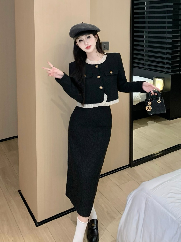 High waist light luxury coat thick skirt 2pcs set