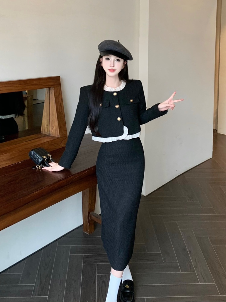 High waist light luxury coat thick skirt 2pcs set