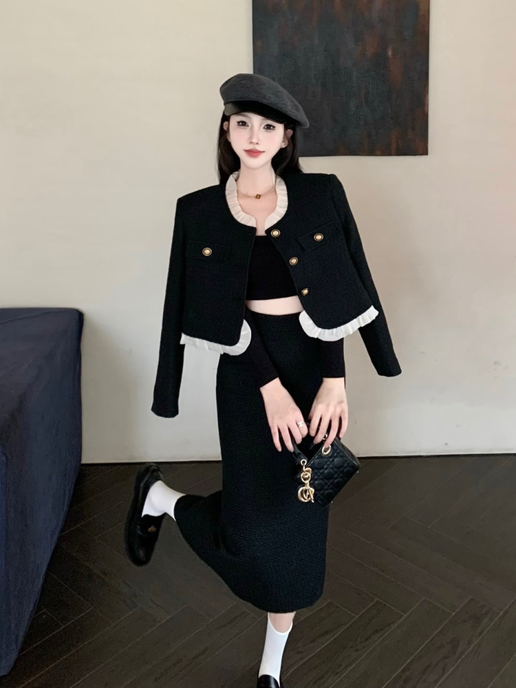 High waist light luxury coat thick skirt 2pcs set