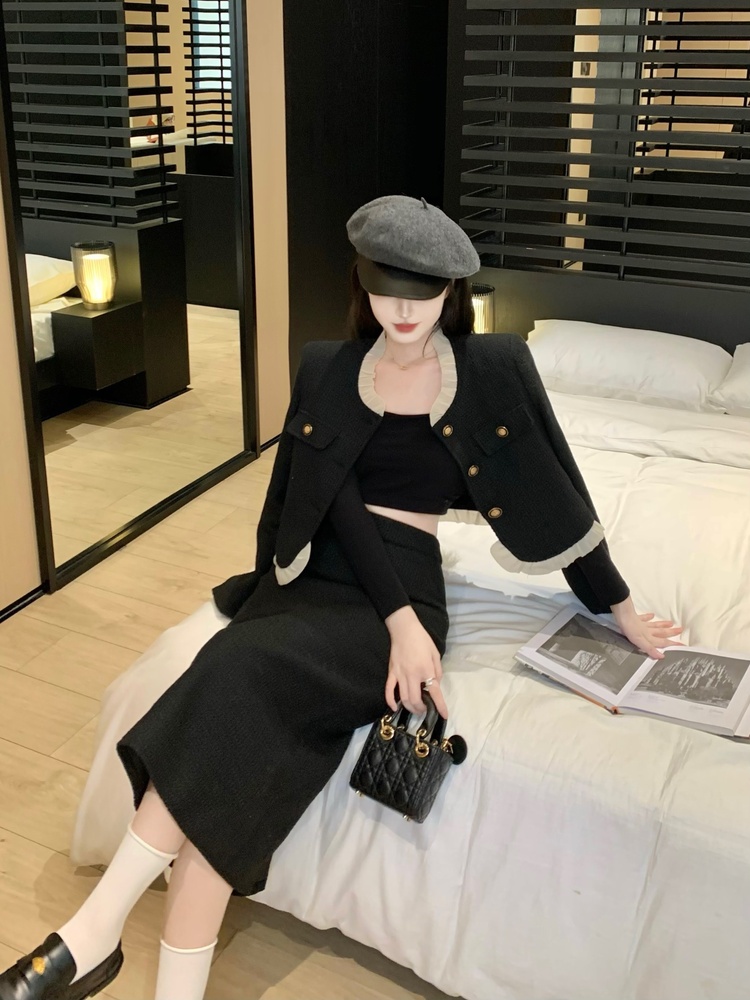 High waist light luxury coat thick skirt 2pcs set