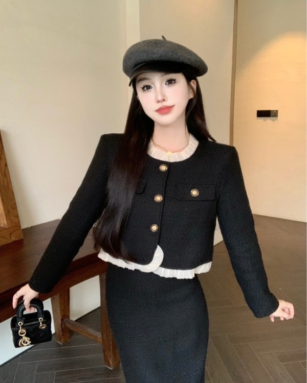 High waist light luxury coat thick skirt 2pcs set