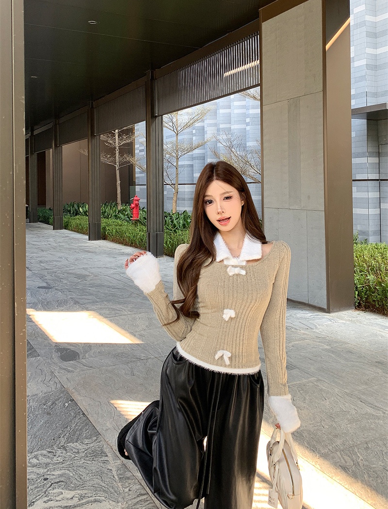 Bow slim splice fleece Pseudo-two bottoming sweater