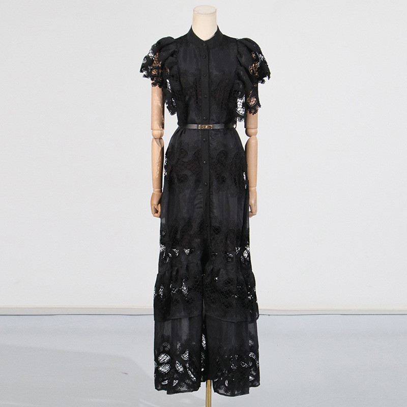 Winter France style belt lace hollow long dress for women