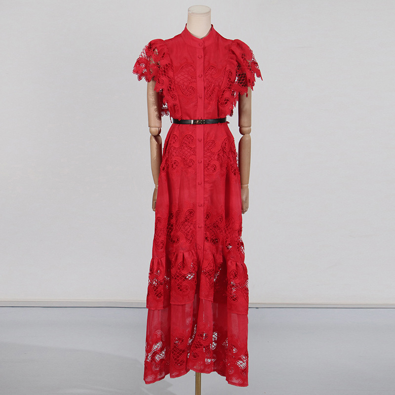 Winter France style belt lace hollow long dress for women