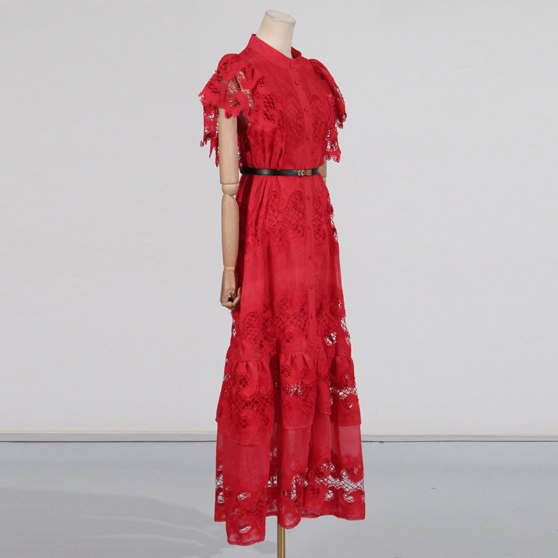 Winter France style belt lace hollow long dress for women