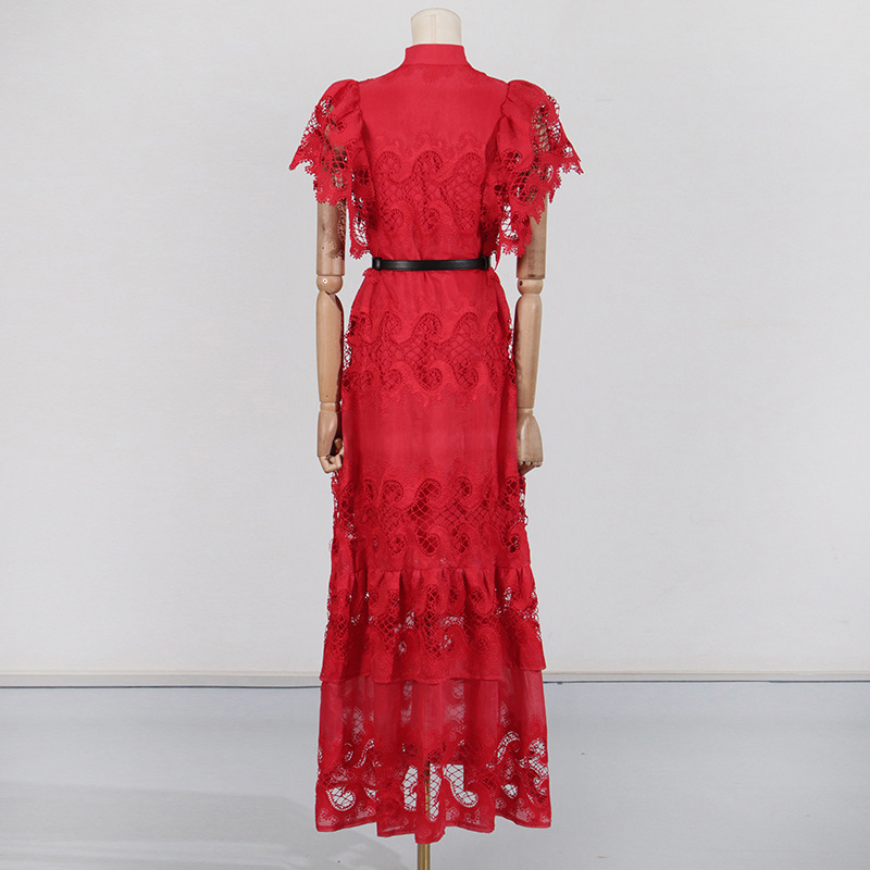 Winter France style belt lace hollow long dress for women