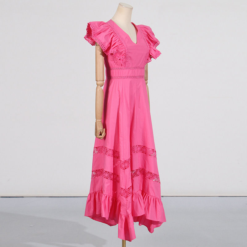 Boats sleeve embroidery pinched waist hollow slim splice dress