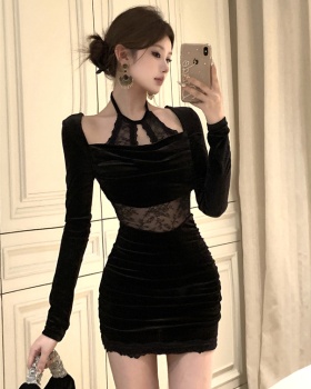 Lace splice heap collar velvet pinched waist dress