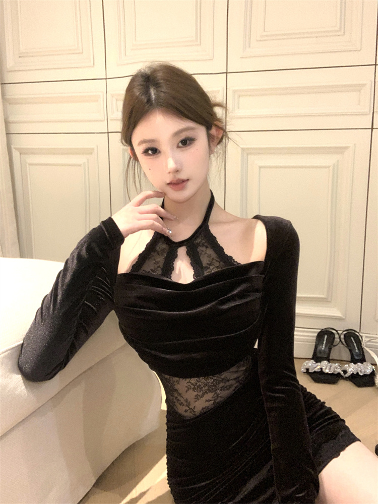 Lace splice heap collar velvet pinched waist dress