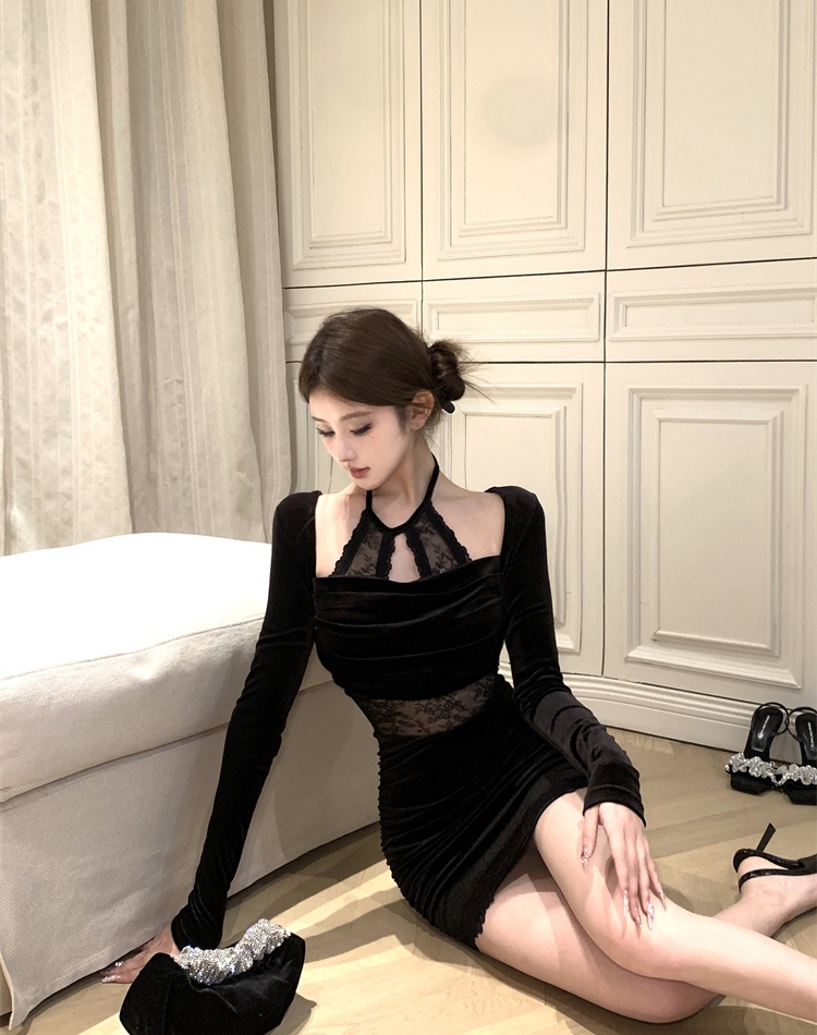 Lace splice heap collar velvet pinched waist dress