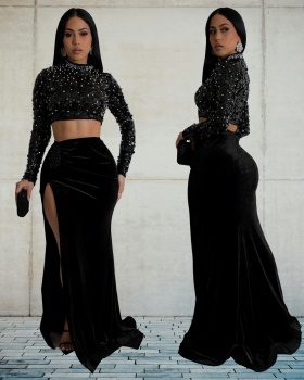 Split sequins sexy long skirt 2pcs set for women