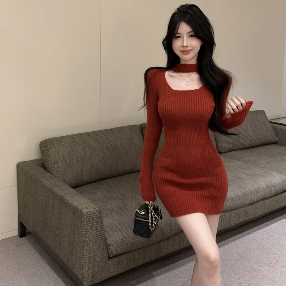 Thick hollow red dress fashion package hip sweater for women