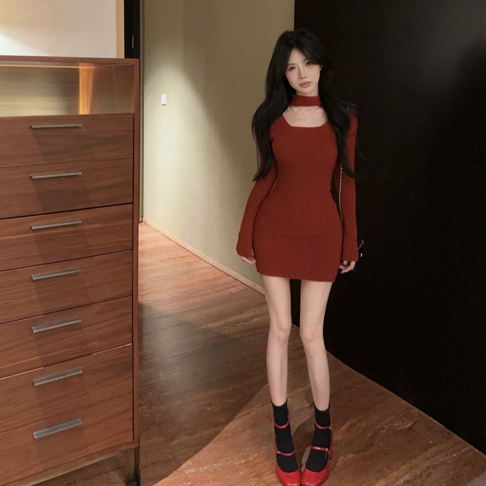 Thick hollow red dress fashion package hip sweater for women