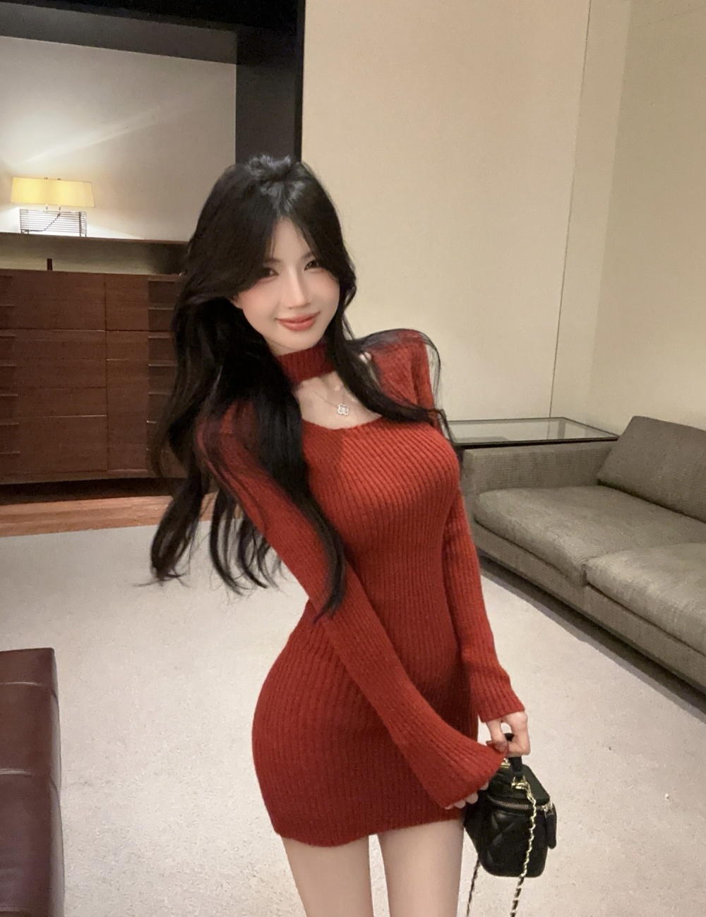 Thick hollow red dress fashion package hip sweater for women