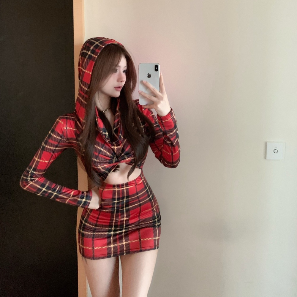 Sexy plaid hooded long sleeve dress for women