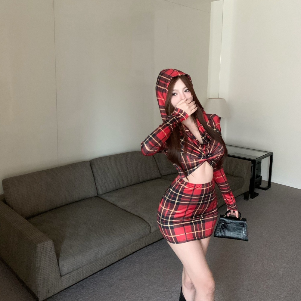 Sexy plaid hooded long sleeve dress for women