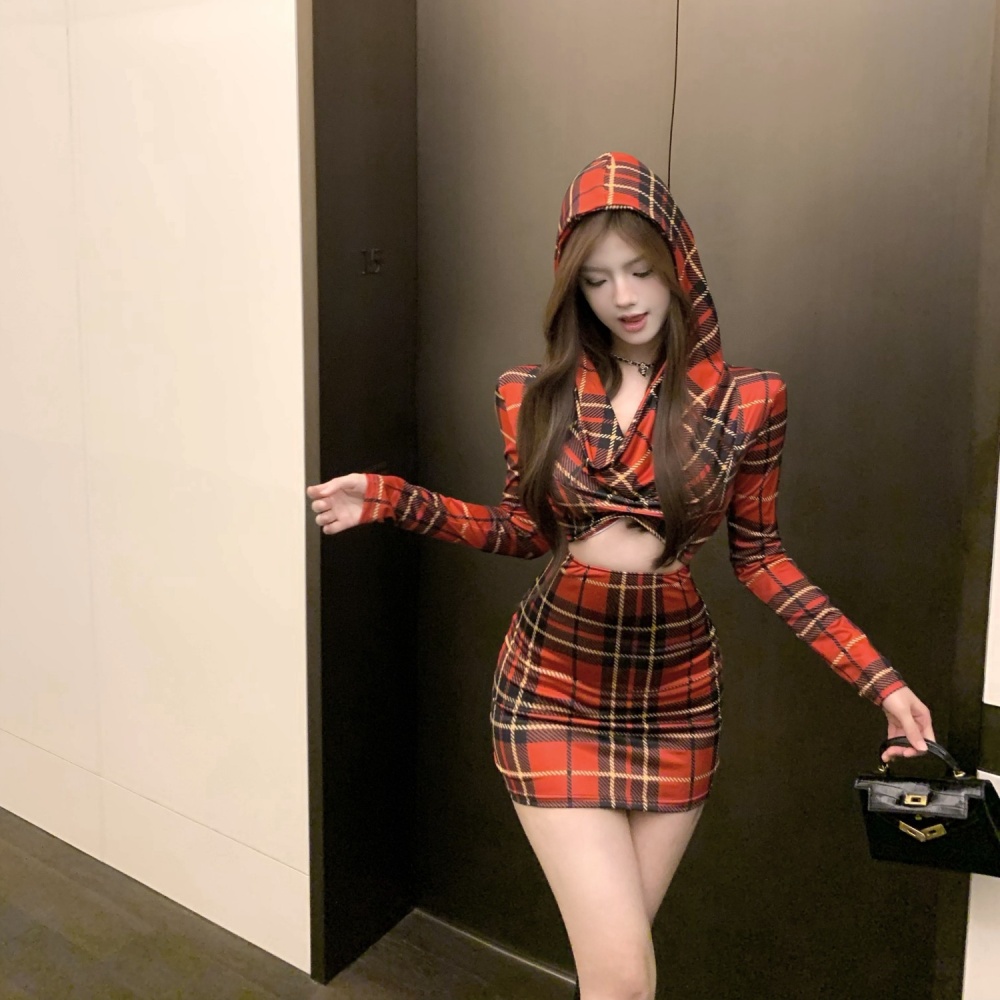 Sexy plaid hooded long sleeve dress for women