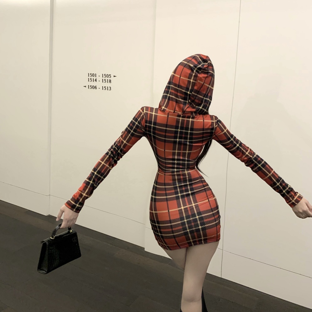 Sexy plaid hooded long sleeve dress for women