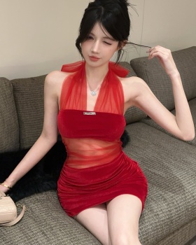 Velvet package hip halter red slim sleeveless dress