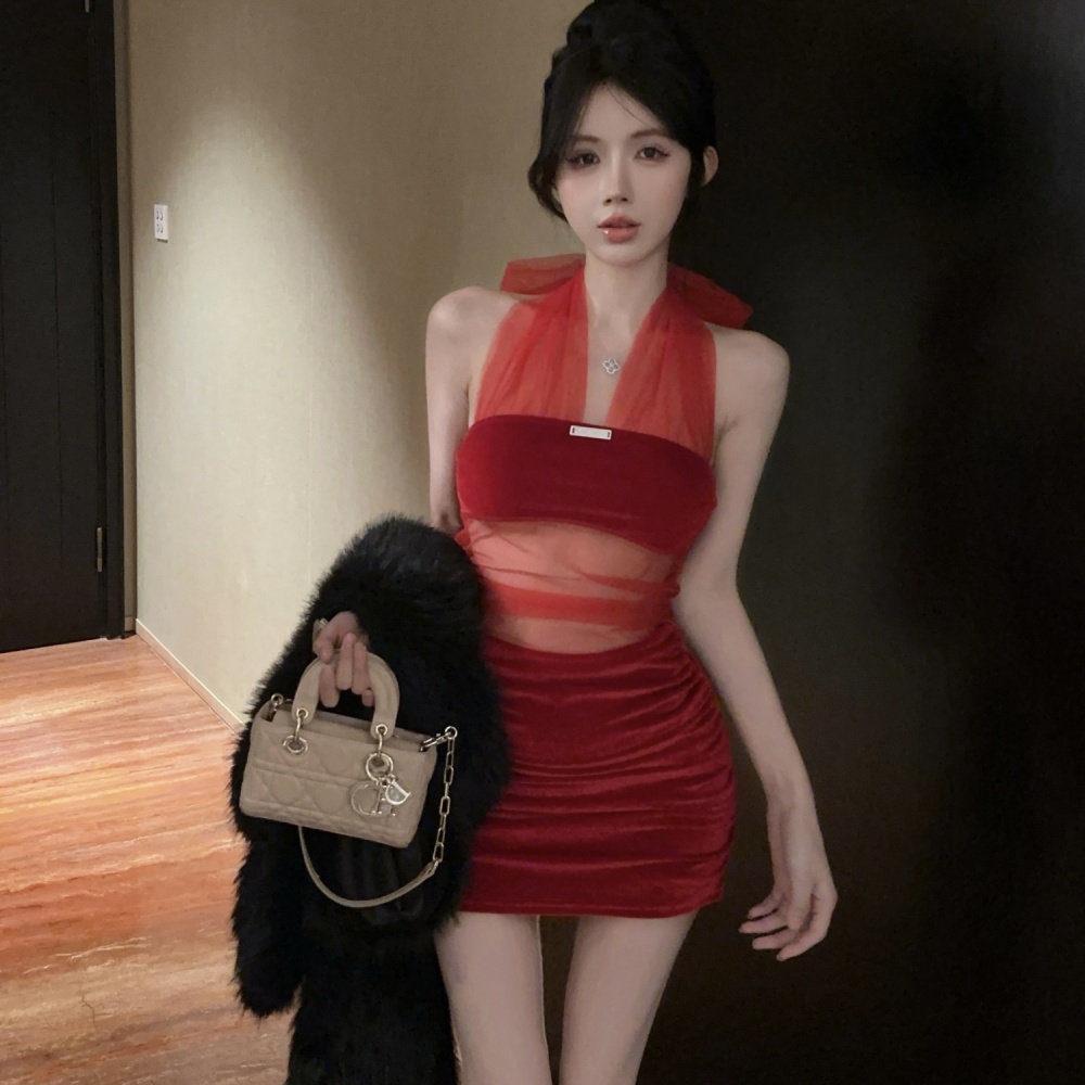 Velvet package hip halter red slim sleeveless dress