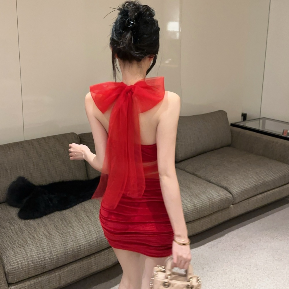 Velvet package hip halter red slim sleeveless dress