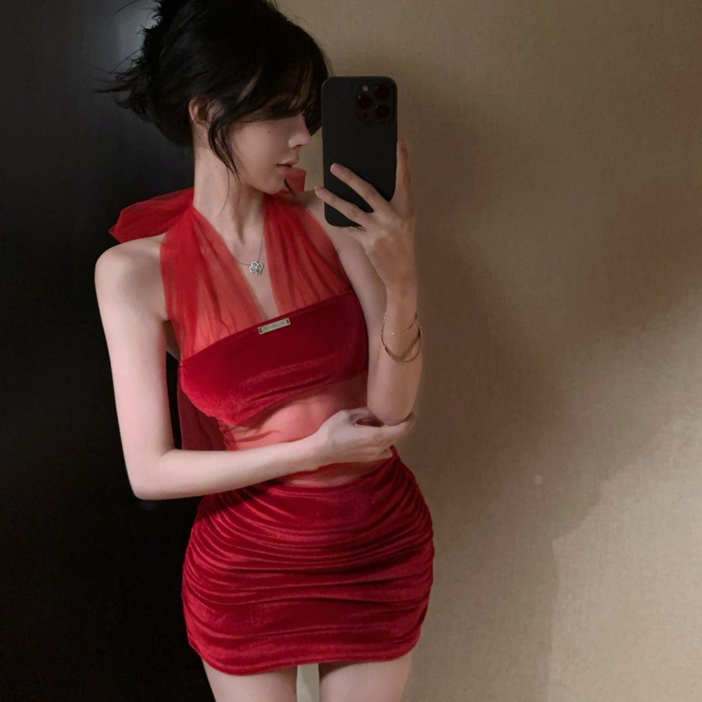 Velvet package hip halter red slim sleeveless dress