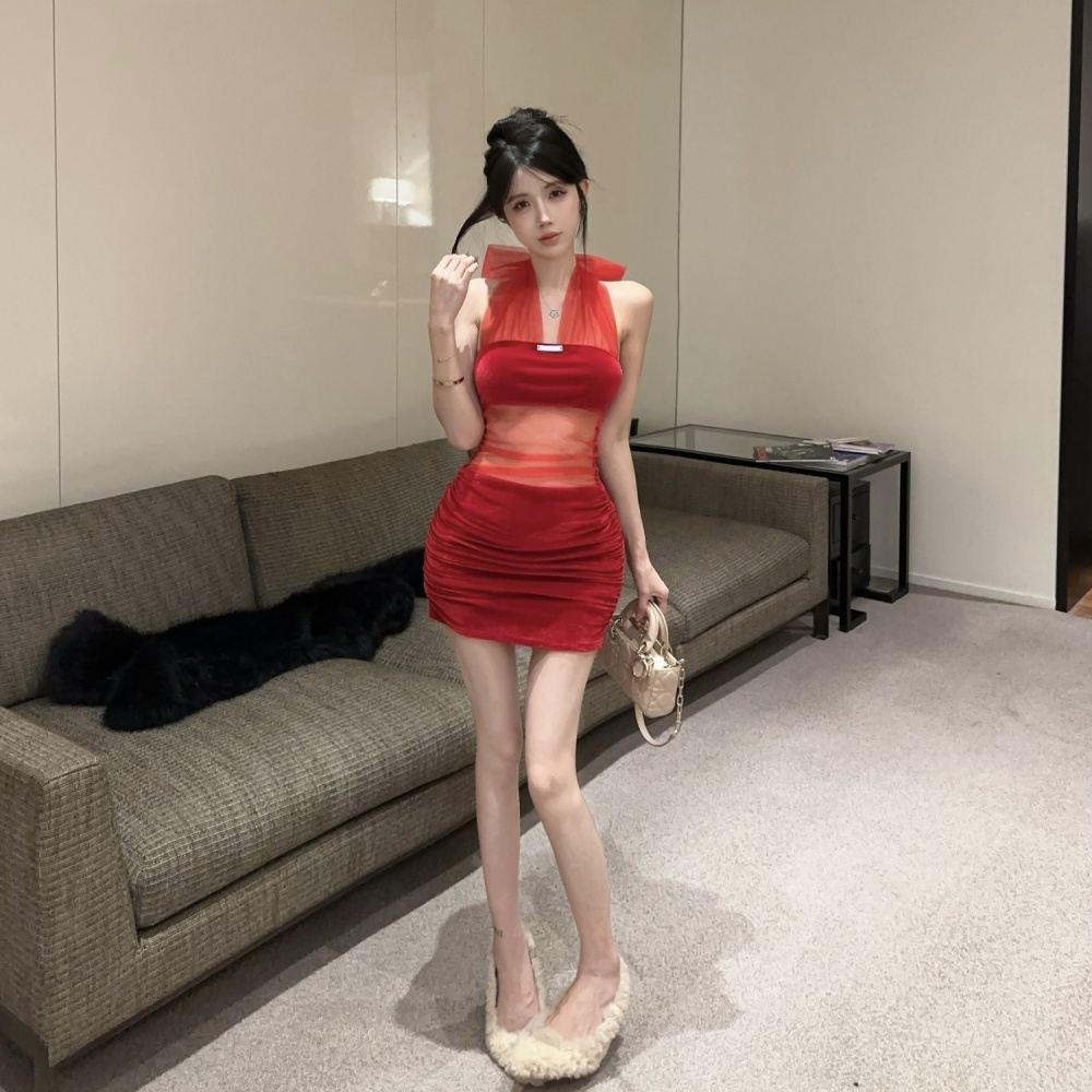 Velvet package hip halter red slim sleeveless dress