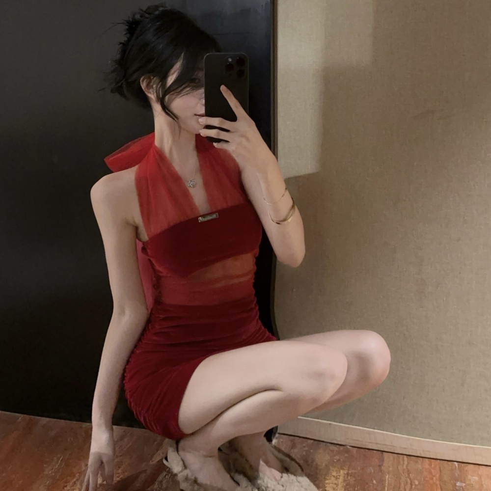 Velvet package hip halter red slim sleeveless dress