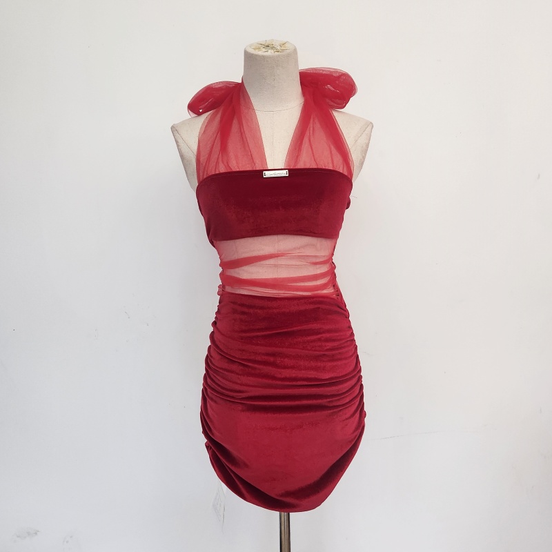 Velvet package hip halter red slim sleeveless dress