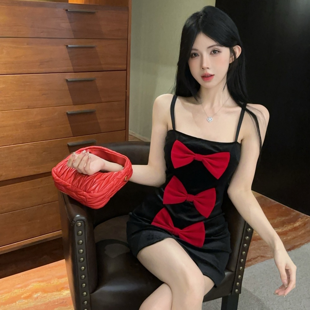 Velvet dress bow formal dress for women