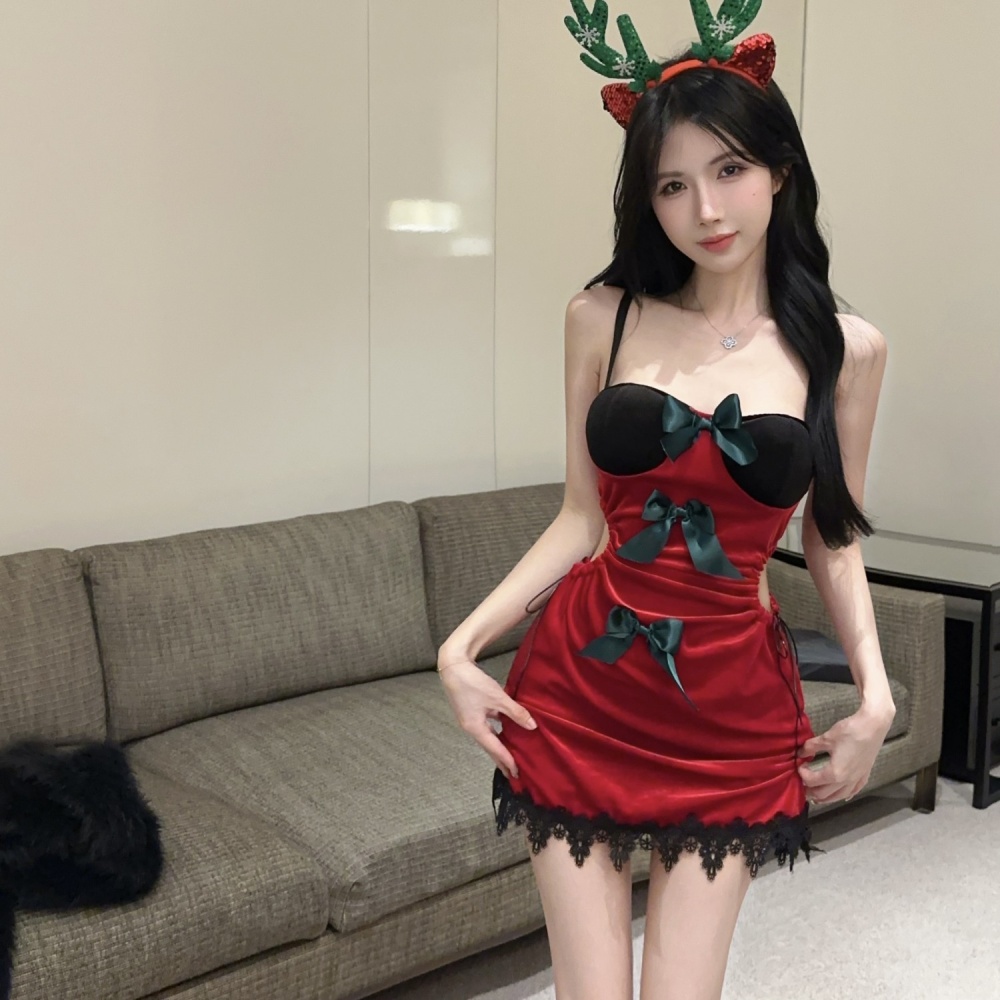 Hollow mixed colors velvet christmas sexy fashion dress