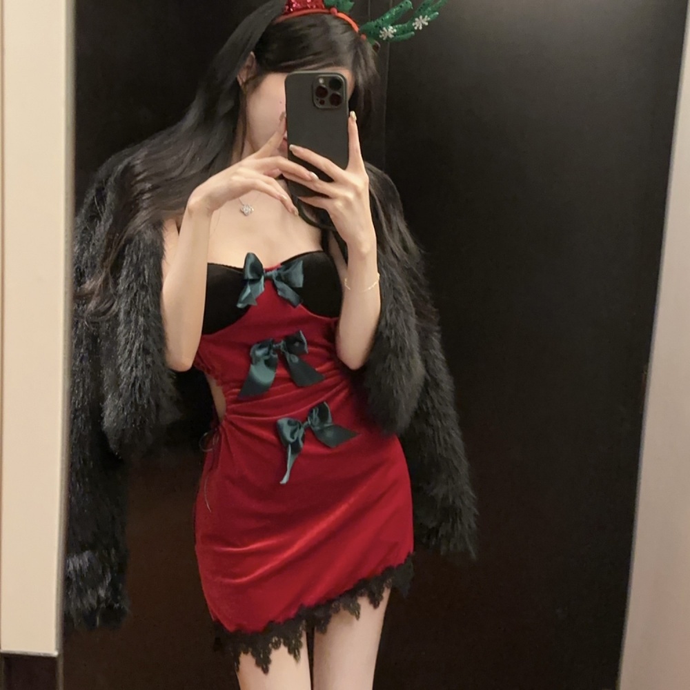 Hollow mixed colors velvet christmas sexy fashion dress