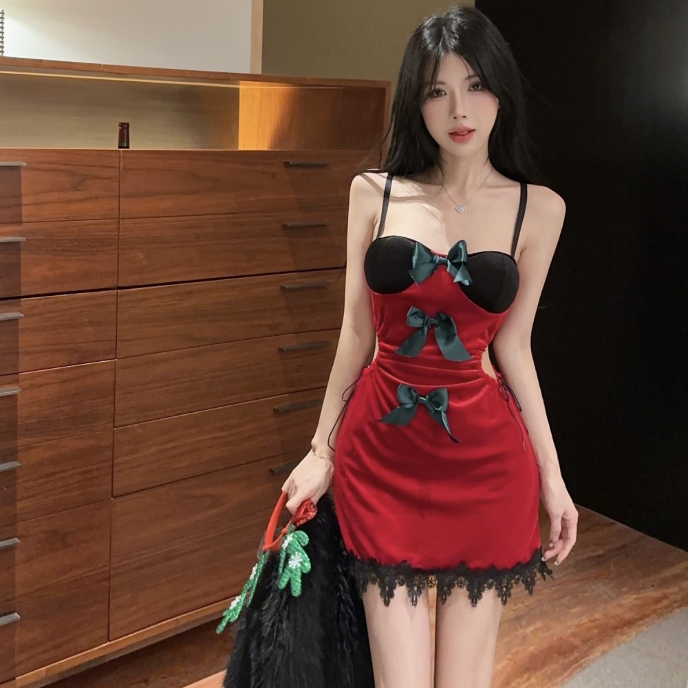 Hollow mixed colors velvet christmas sexy fashion dress