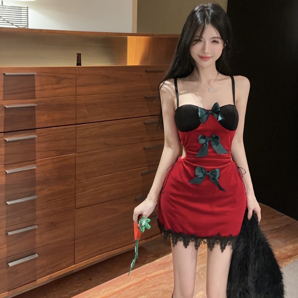 Hollow mixed colors velvet christmas sexy fashion dress