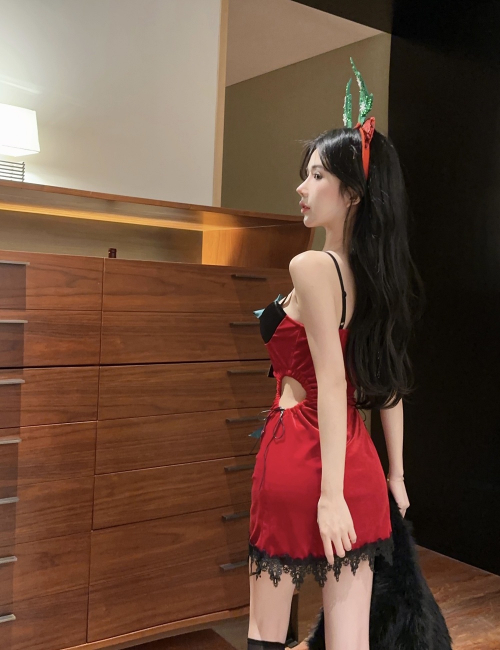 Hollow mixed colors velvet christmas sexy fashion dress