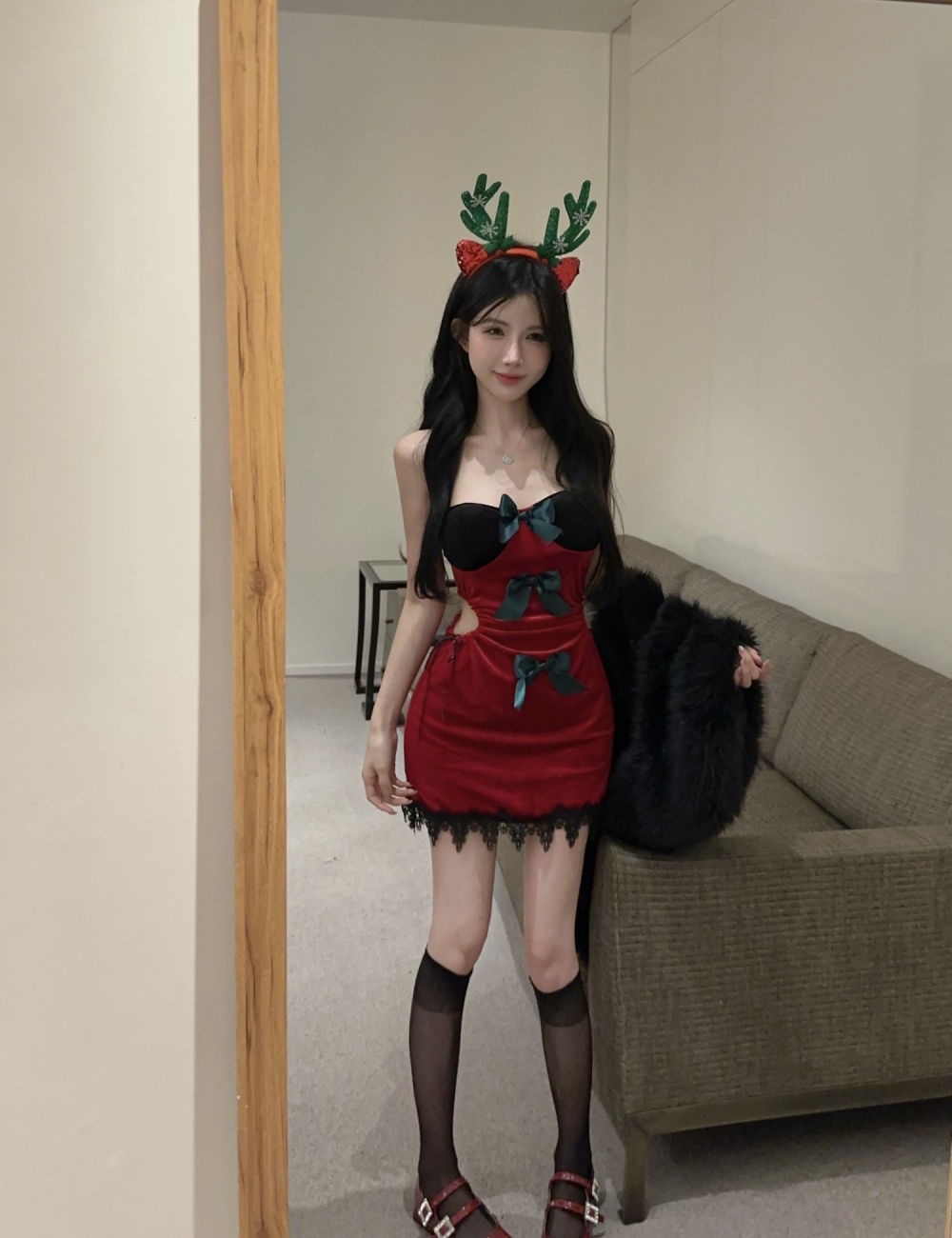 Hollow mixed colors velvet christmas sexy fashion dress